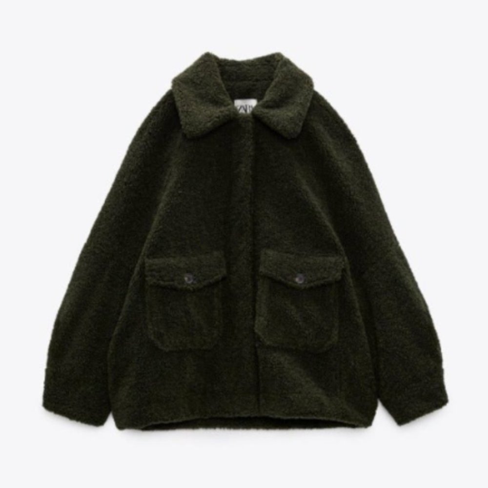 ZARA Dark Green Faux Fur Boucle Teddy Jacket Size XS Excellent Condition